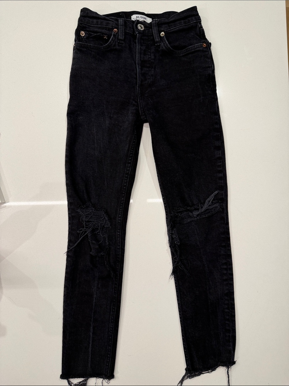 RE/DONE 90s High Rise Ankle Crop Ripped Black Distressed Skinny Jean Size 24